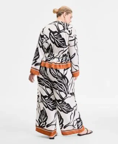 Inc International Concepts Plus Size Printed Volume Sleeve Peplum Top Printed High Rise Wide Leg Pants In Neutral