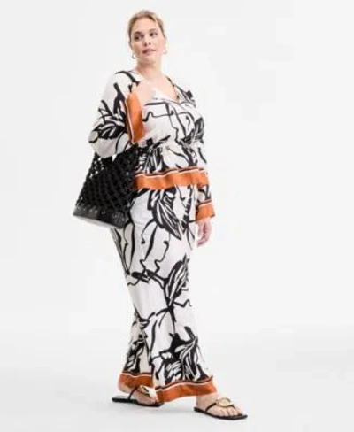 Inc International Concepts Plus Size Printed Volume Sleeve Peplum Top Printed High Rise Wide Leg Pants In Neutral
