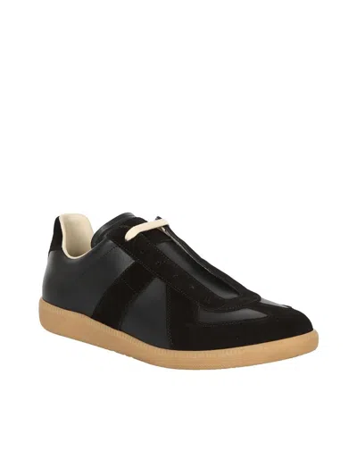 Maison Margiela Men Black Leather And Suede Replica Sneakers In Black