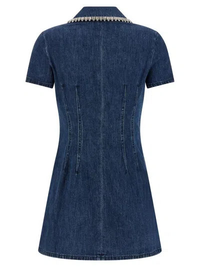 Self-portrait Blue Mini Dress With Rhinestoned Collar And Jewel Buttons With Crystals In Denim Woman In Blue