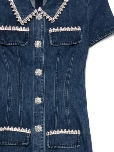 Self-portrait Blue Mini Dress With Rhinestoned Collar And Jewel Buttons With Crystals In Denim Woman In Blue