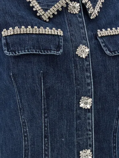 Self-portrait Blue Mini Dress With Rhinestoned Collar And Jewel Buttons With Crystals In Denim Woman In Blue