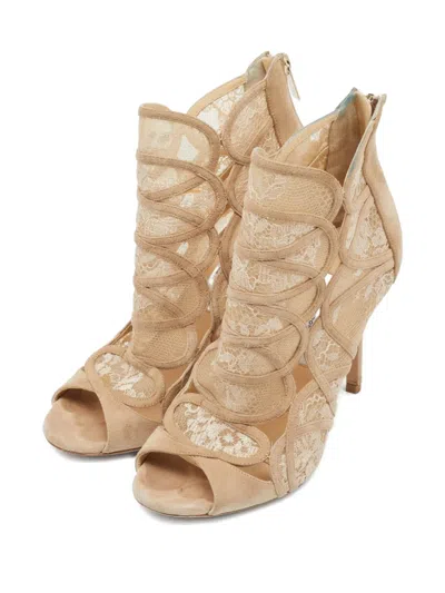 Pre-owned Jimmy Choo 105mm Lace-detail Suede Ankle Boots In Neutral