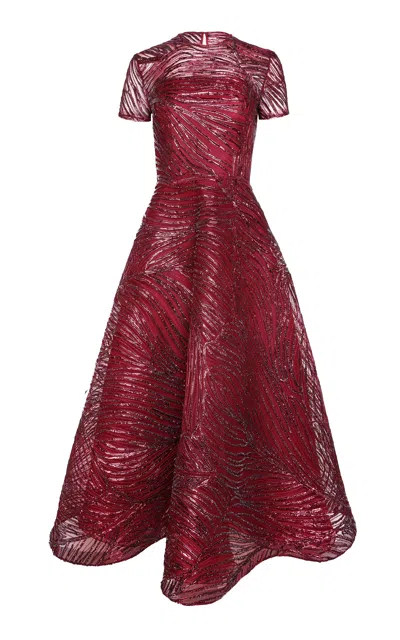 Naeem Khan Embellished Silk Illusion Midi Dress In Red