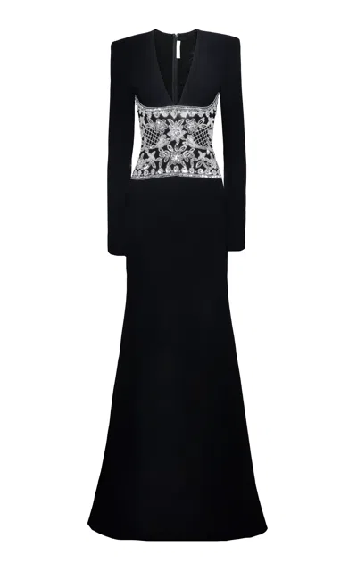 Naeem Khan Embroidered Crepe Evening Gown In Black