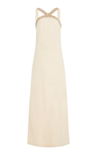 Monique Lhuillier Wool Blend Cutaway Neckline With Gold Crystal Embroidery In Neutral
