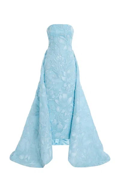 Monique Lhuillier Strapless Tea Length Column Cotton Blend Gown With Train