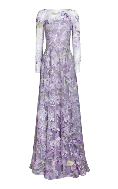 Naeem Khan Floral-embellished Crepe Illusion Gown In Purple