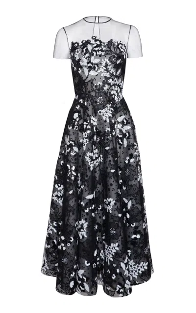 Naeem Khan Floral-embellished Crepe Illusion Midi Dress In Black