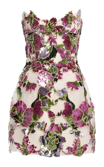 Monique Lhuillier Embroidered Strapless Structure Mini Silk Dress In Multi