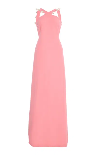 Monique Lhuillier Cut Away Neckline With Pearl Ball Trim Wool Blend In Nude