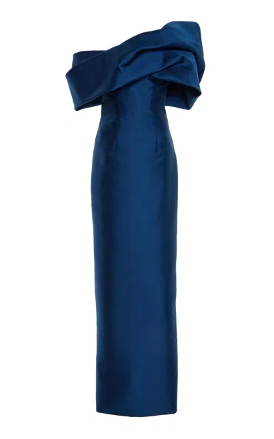 Monique Lhuillier Asymmetric Drape Neckline Column Gown In Blue
