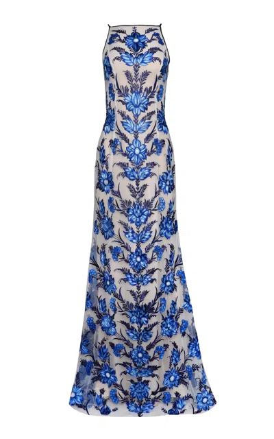 Naeem Khan Embroidered Organza Halter Gown In Blue