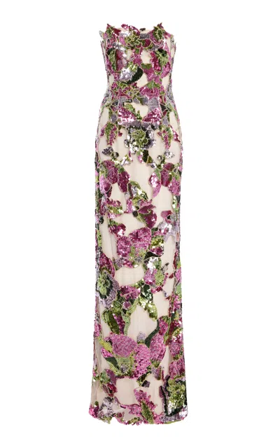 Monique Lhuillier Embroidered Strapless Column Silk Gown In Multi