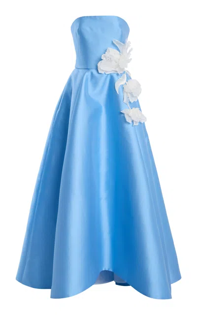 Monique Lhuillier Strapless Ball Gown With Floating Tulip Embroidery In Blue