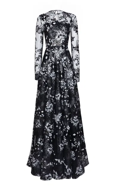 Naeem Khan Floral-embellished Crepe Illusion Gown In Black