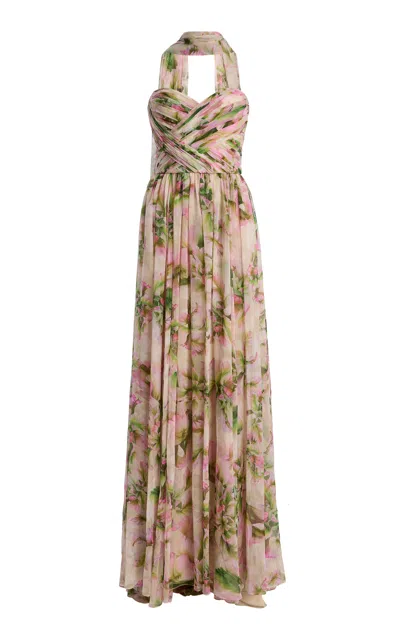 Monique Lhuillier Sweetheart Strapless Silk Pleated Gown With Shawl In Multi