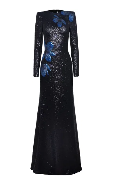 Naeem Khan Stretch-sequin Floral-appliquéd Gown