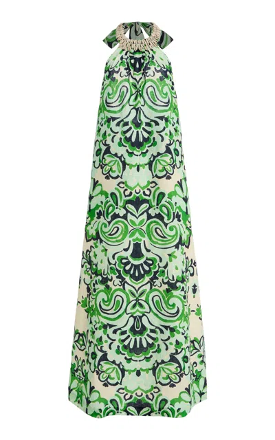 Cara Cara Aimee Seashell-detailed Printed-linen Maxi Dress In Green