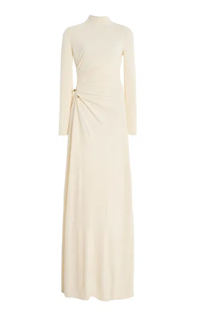 Monique Lhuillier Long Sleeved Draped Gown With Gold Ball Piercing In Neutral