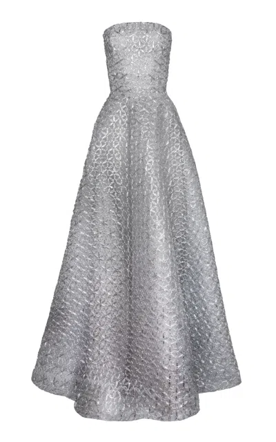 Naeem Khan Embellished Strapless Silk Evening Gown In Silver