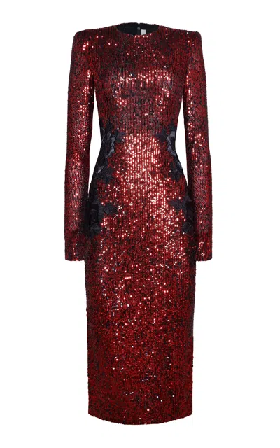 Naeem Khan Stretch-sequin Lace-appliquéd Midi Dress In Red