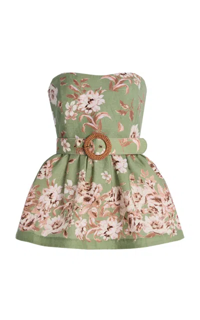 Cara Cara Tilda Belted Floral-linen Peplum Top In Green
