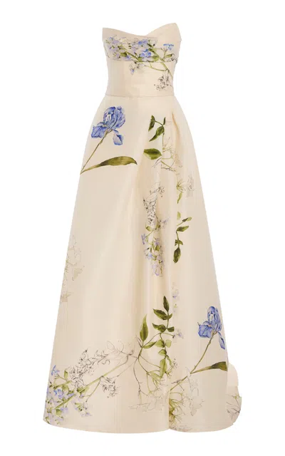 Monique Lhuillier Draped Bodice Silk Ball Gown With Slit In Neutral