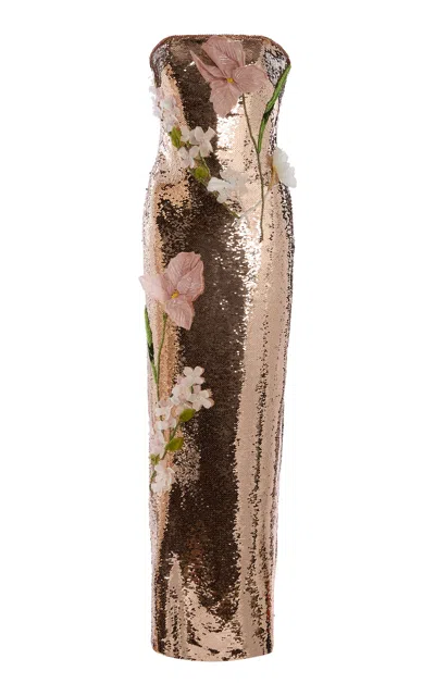 Monique Lhuillier Strapless Column Gown With Floral Embroidery In Brown