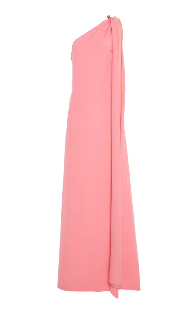 Monique Lhuillier One Shoulder Drapedwool Blend Gown With Ball Piercing In Pink