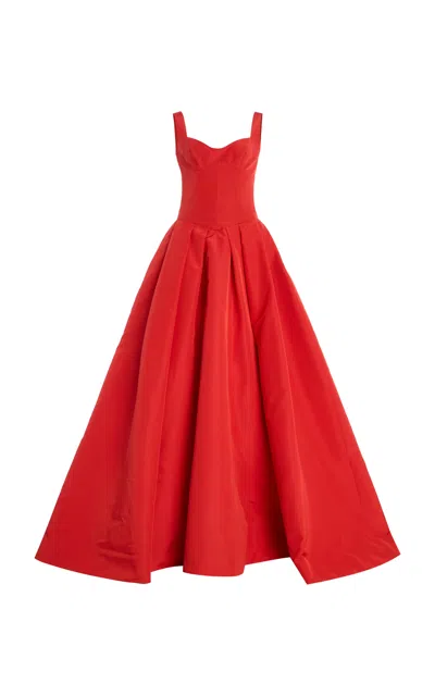 Monique Lhuillier Scoop Neck Basque Waist Silk Ball Gown In Red