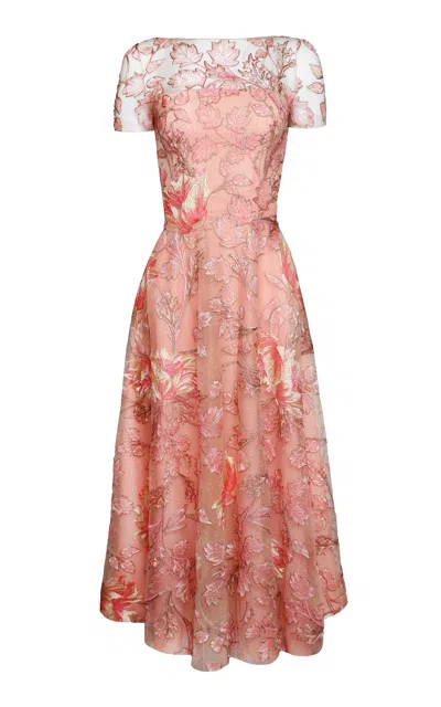 Naeem Khan Floral-embellished Crepe Illusion Midi Dress In Multi