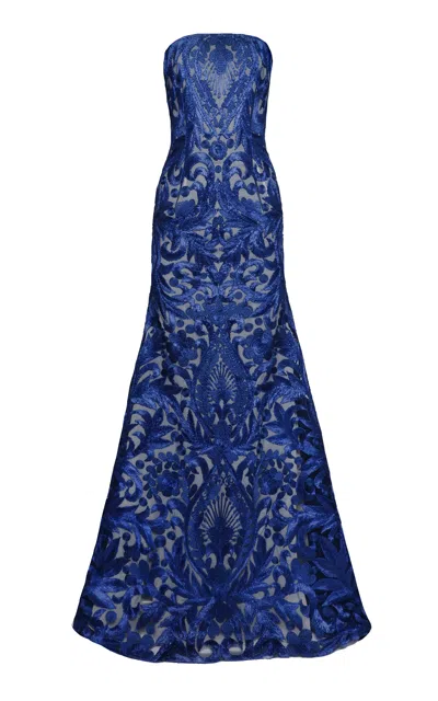Naeem Khan Strapless Floral-embroidered Evening Gown In Blue