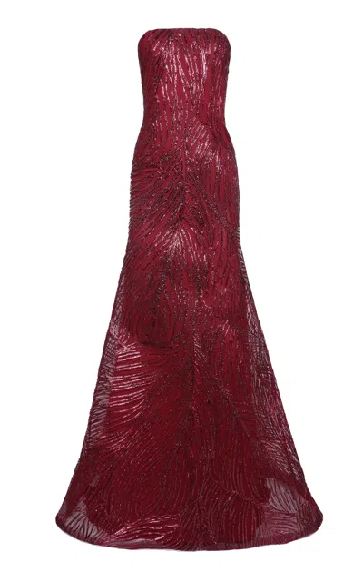 Naeem Khan Embellished Strapless Crepe Evening Gown In Red