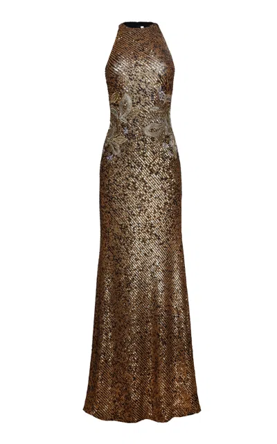 Naeem Khan Stretch-sequin Floral-appliquéd Halter Gown In Brown