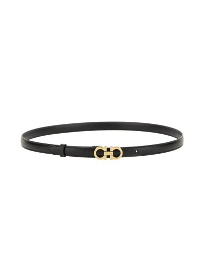 Ferragamo Double Gancio Leather Skinny Belt In Black