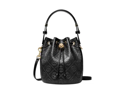 Pre-owned Tory Burch Women's  T Monogram Leather Mini Bucket Bag In Black