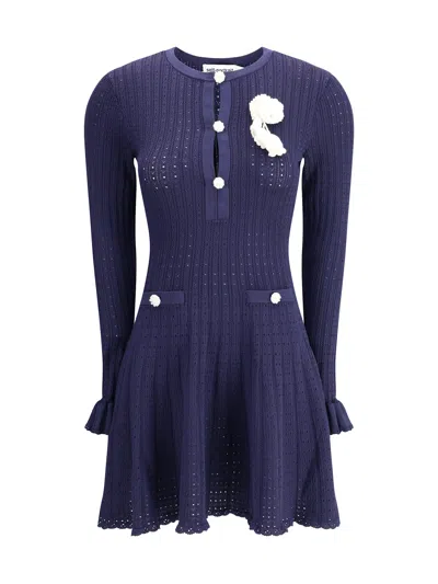 Self-portrait Perforated Knit Short Dress With Removable Lace Brooch In Blue
