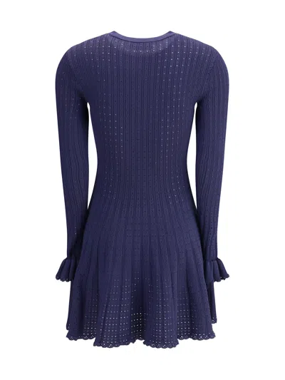 Self-portrait Perforated Knit Short Dress With Removable Lace Brooch In Blue