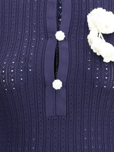 Self-portrait Perforated Knit Short Dress With Removable Lace Brooch In Blue