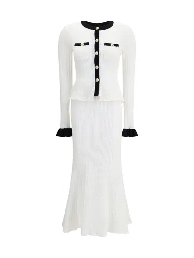 Self-portrait Pointelle Knit Contrast Midi Dress In White