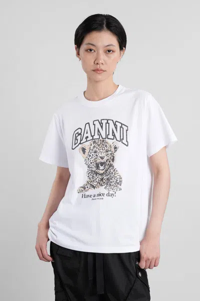 Ganni White T-shirt With Print And Logo Lettering On The Front In Cotton Woman In White