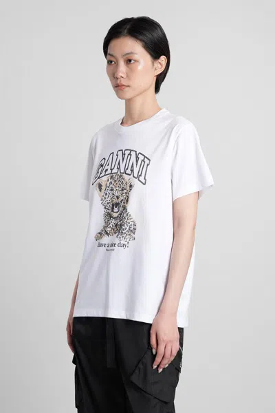 Ganni White T-shirt With Print And Logo Lettering On The Front In Cotton Woman In White