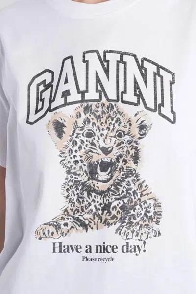 Ganni White T-shirt With Print And Logo Lettering On The Front In Cotton Woman In White