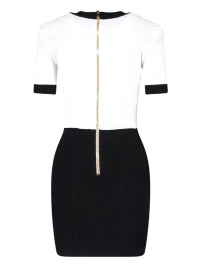 Balmain V-neck Buttoned Strong-shoulder Torsade Knit Mini Dress In Black