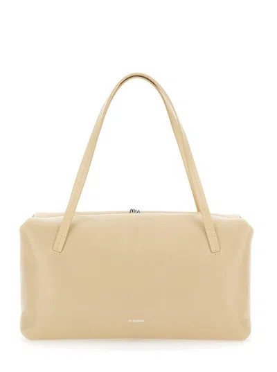 Jil Sander Goji Pillow Beige Shoulder Bag With Clasp Closure And Logo Lettering On The Front In Leather Woman