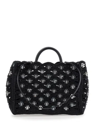 Rabanne Black Handbag With Weaving And All-over Disc Details In Raphia Woman