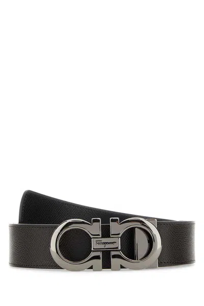 Ferragamo Adjustable Reversible Leather Belt With Textured Finish In Black