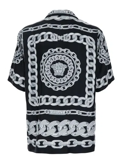 Versace Black And White Bowling Shirt With Cuban Collar And All-over Chain-link Print In Silk Man In Black