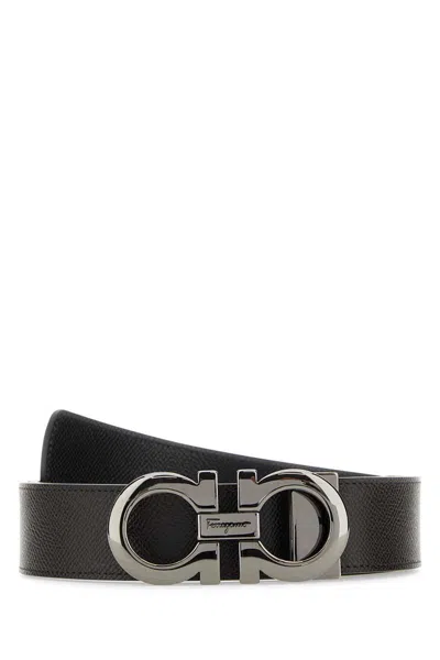 Ferragamo Adjustable Reversible Leather Belt With Textured Finish In Black